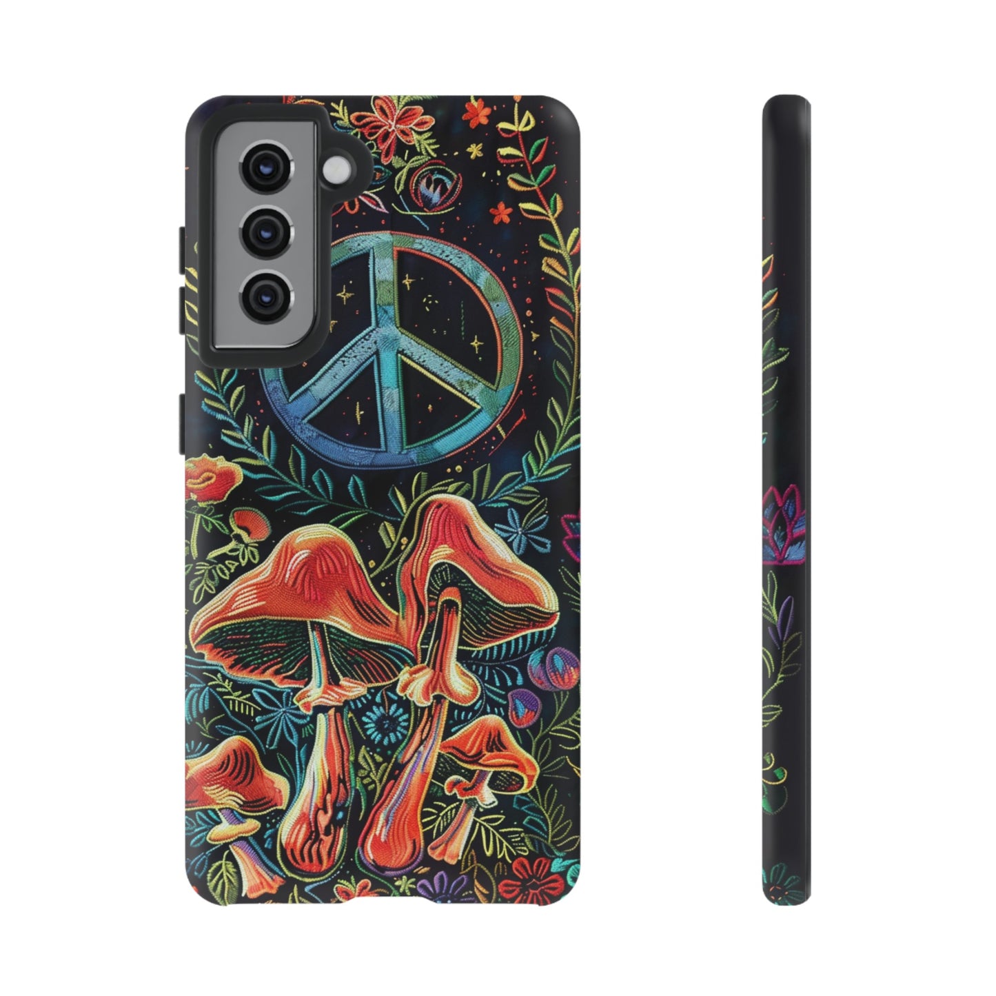 Embroidery Style Magic Mushrooms and Peace Sign Phone Case