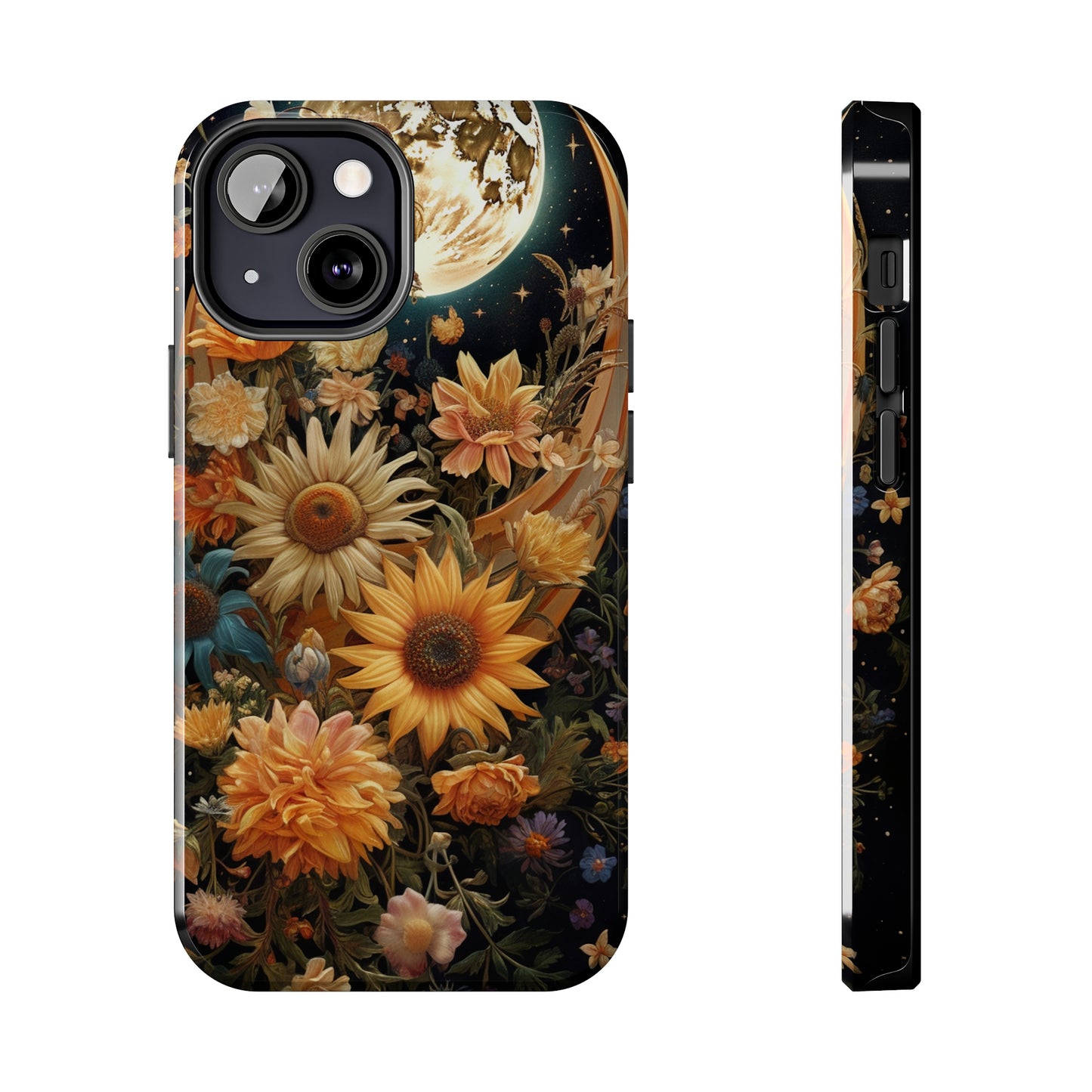 Celestial Charm: iPhone Case with Boho Cottagecore Fusion of Floral, Sun, Moon & Stars