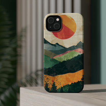 Retro Mountain Sunset Orange and Red MagSafe Phone Case, iPhone 15 Case, Tough Phone Cover, Americana Outdoor Nature Lover