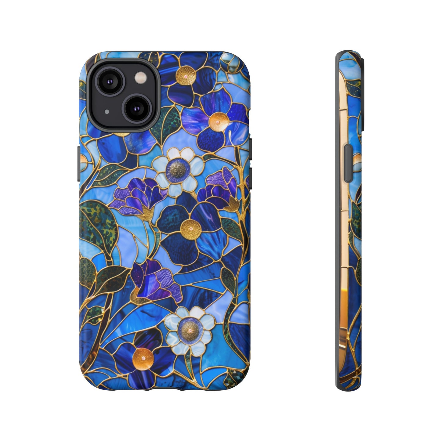 Blue Floral Stained Glass Gold Inlay Wild Flowers Phone Case