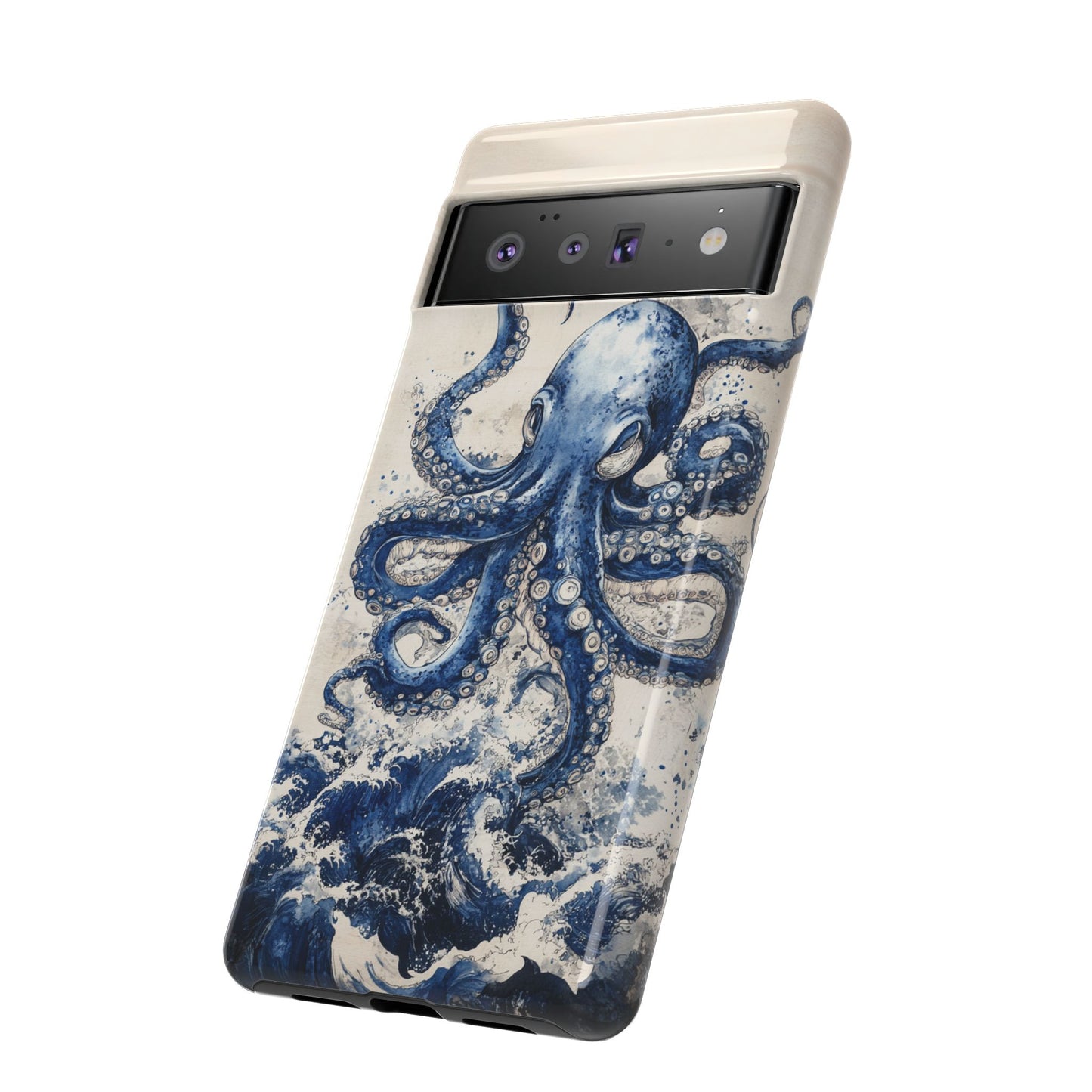 Vintage Japanese Art Style Blue Octopus and Waves Phone Cover