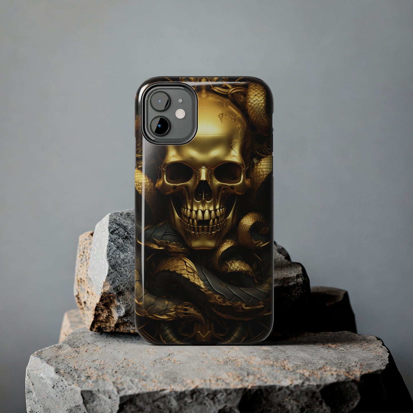 iPhone 14 Case Dark Elegance: Gold Skulls and Snakes Tough iPhone Case | An Edgy Goth Delight