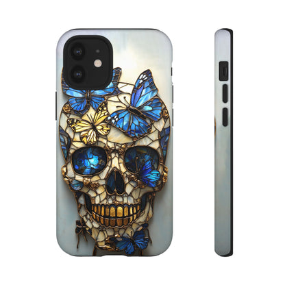 Gold and Blue Stained Glass Skull and Butterflies Phone Cover