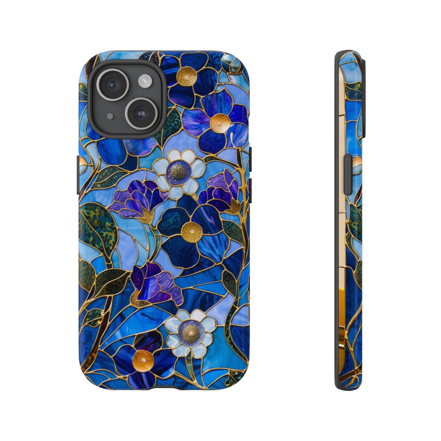 Blue Floral Stained Glass Gold Inlay Wild Flowers Phone Case