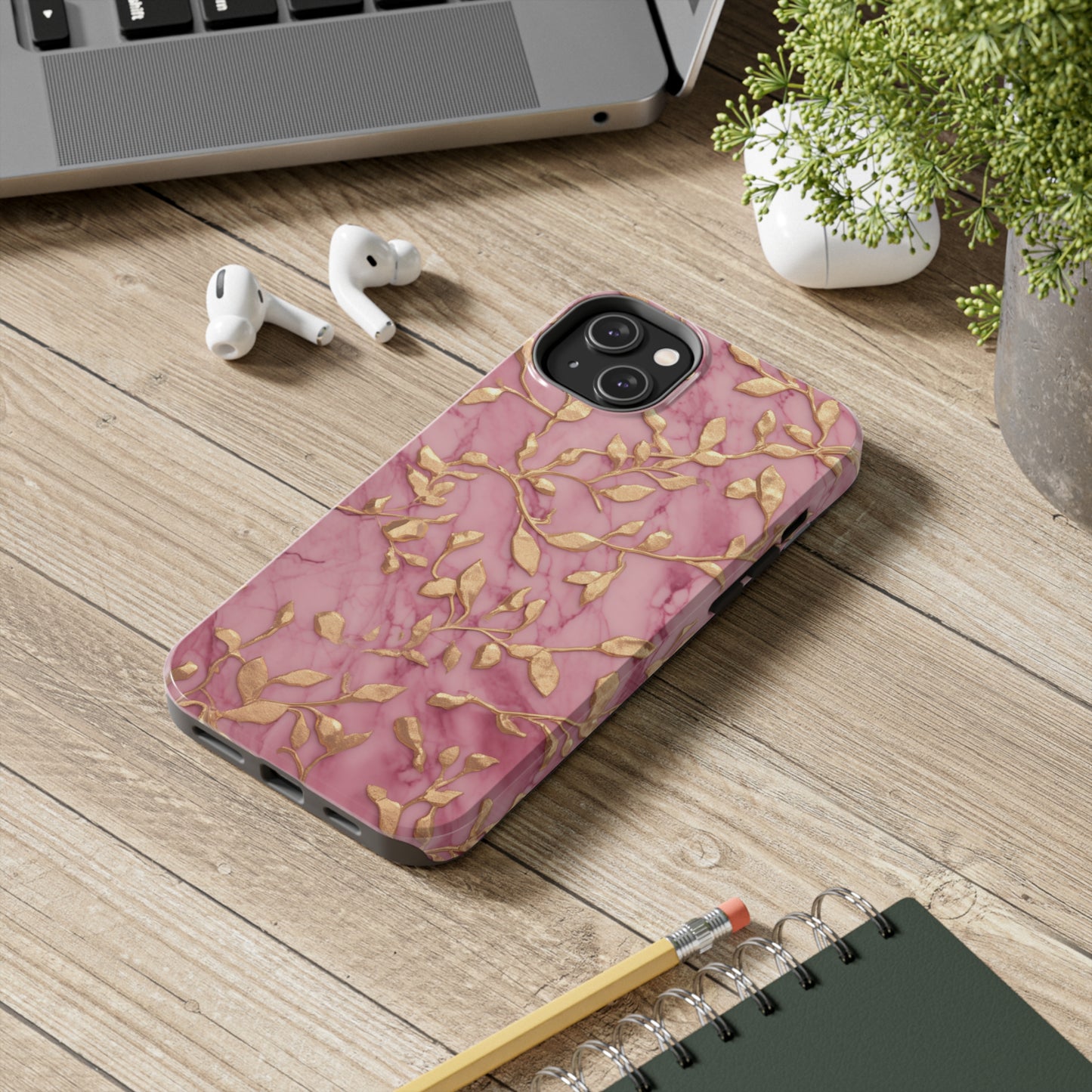 iPhone 14 Case Alluring Elegance: Pink & Gold Leaf Tough iPhone Case