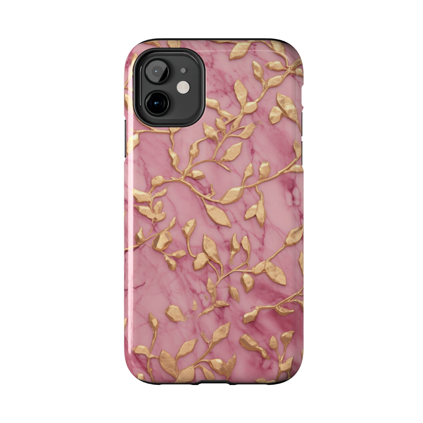 iPhone 14 Case Alluring Elegance: Pink & Gold Leaf Tough iPhone Case