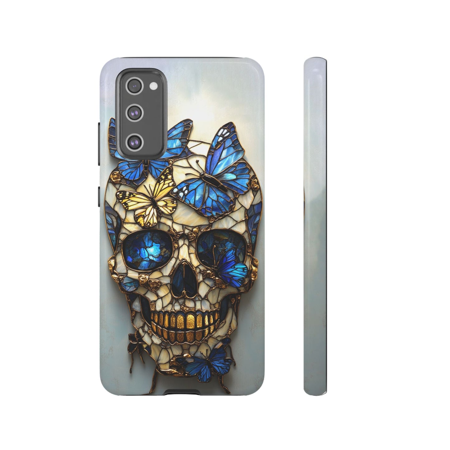 Gold and Blue Stained Glass Skull and Butterflies Phone Cover