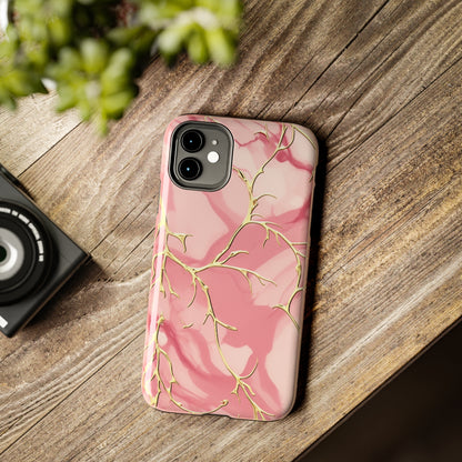 iPhone Elegance Unveiled: Pink & Gold Leaf Marble | Premium Tough iPhone Case