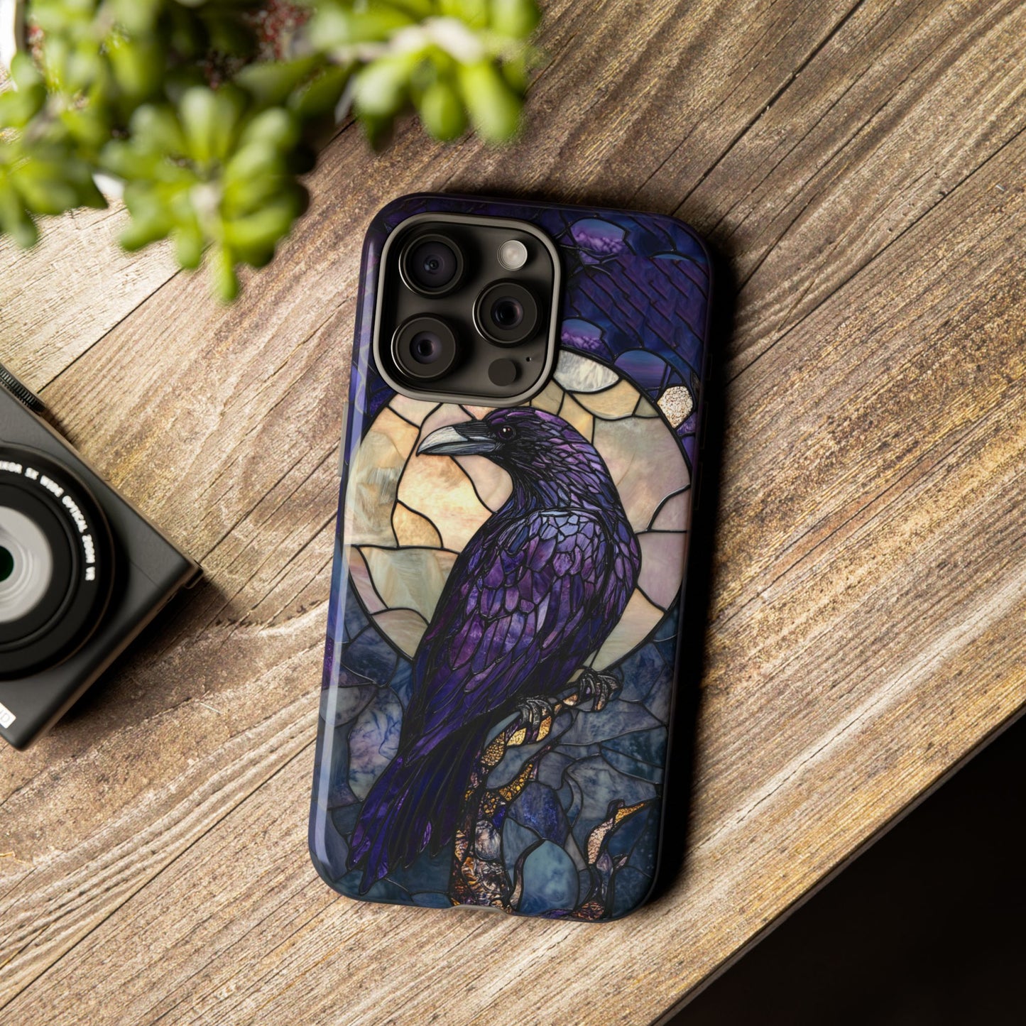 Halloween Phone Case Purple Raven Stained Glass Style Spooky Moon Phone Cover