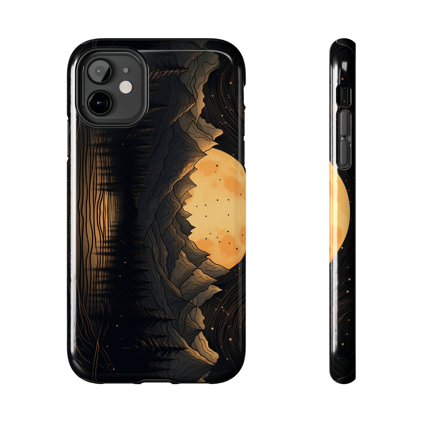 Abstract Landscape Black and Gold Mountains iPhone Case | Embrace the Mystical Full Moon