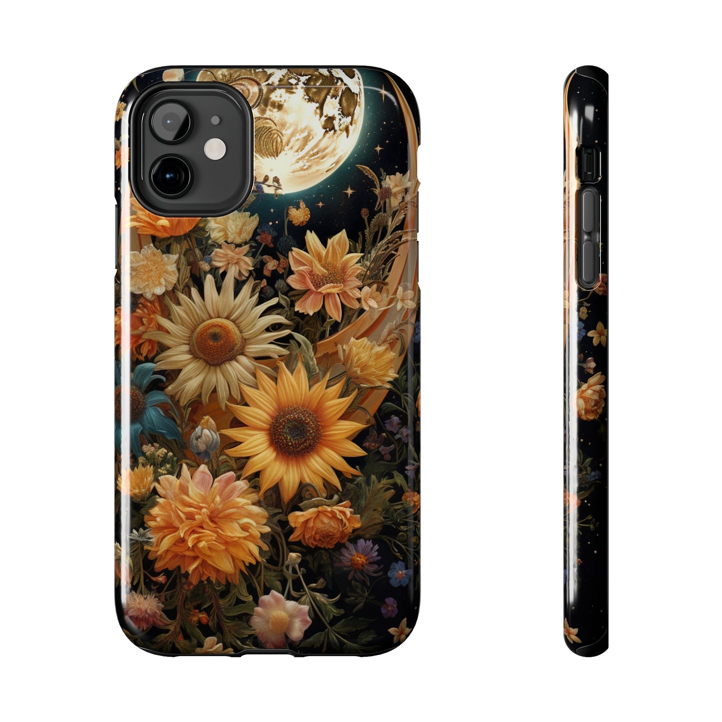 Celestial Charm: iPhone Case with Boho Cottagecore Fusion of Floral, Sun, Moon & Stars