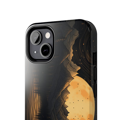 Abstract Landscape Black and Gold Mountains iPhone Case | Embrace the Mystical Full Moon