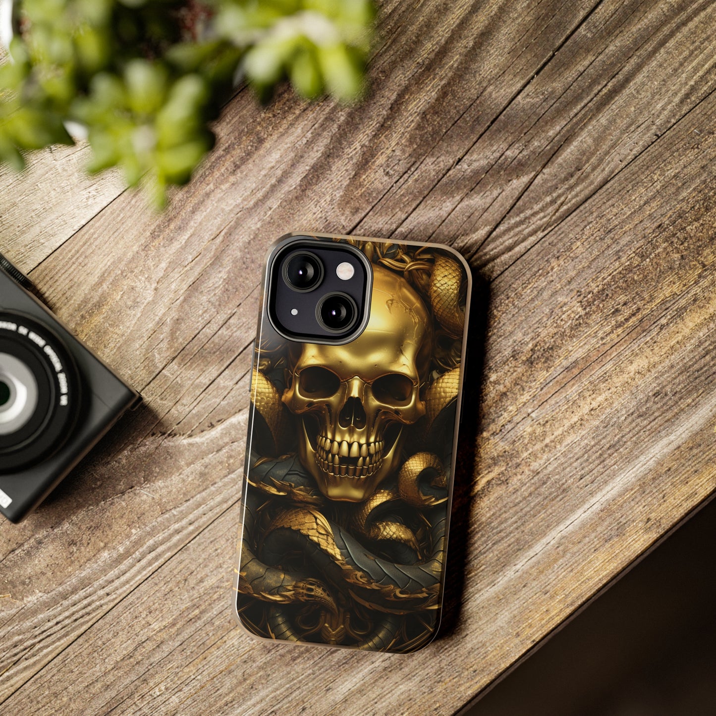 iPhone 14 Case Dark Elegance: Gold Skulls and Snakes Tough iPhone Case | An Edgy Goth Delight