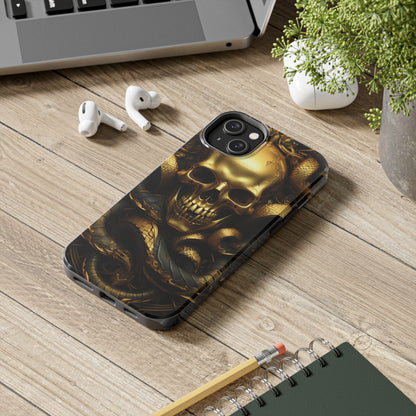 iPhone 14 Case Dark Elegance: Gold Skulls and Snakes Tough iPhone Case | An Edgy Goth Delight