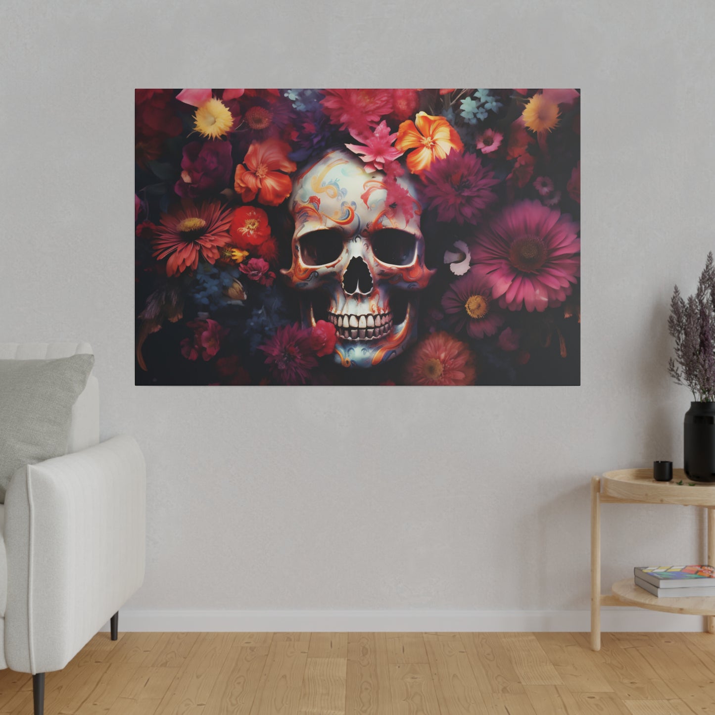 Psychedelic Sugar Skull and Flowers | Vibrant Stretched Canvas Print