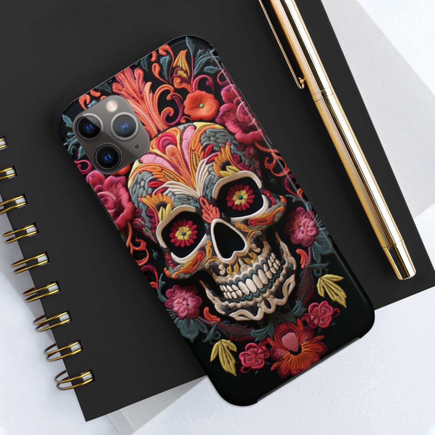 Embroidery Style Sugar Skulls Goth Dark Academia Tough Case iPhone, Edgy Cover, iPhone 14 Plus 13 12 7 8 Se Trendy Halloween Retro Vibe