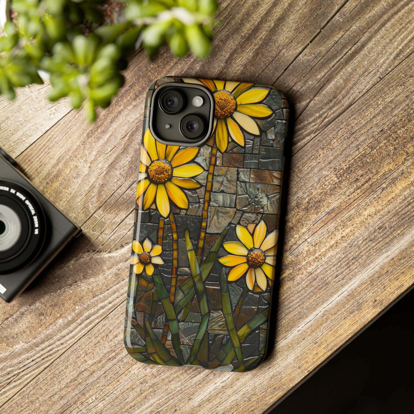 Yellow and Gold Daisy Mosaic Stained Glass Phone Case for iPhone 15, 14, Pro Max, 13, 12 & Samsung Galaxy S23, S22, S21, Google Pixel