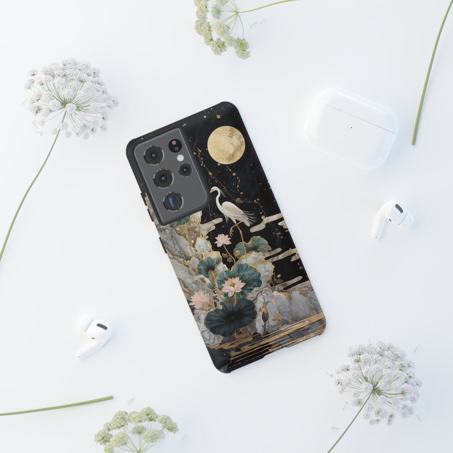 Heron and Moon Floral Zen Art Phone Case