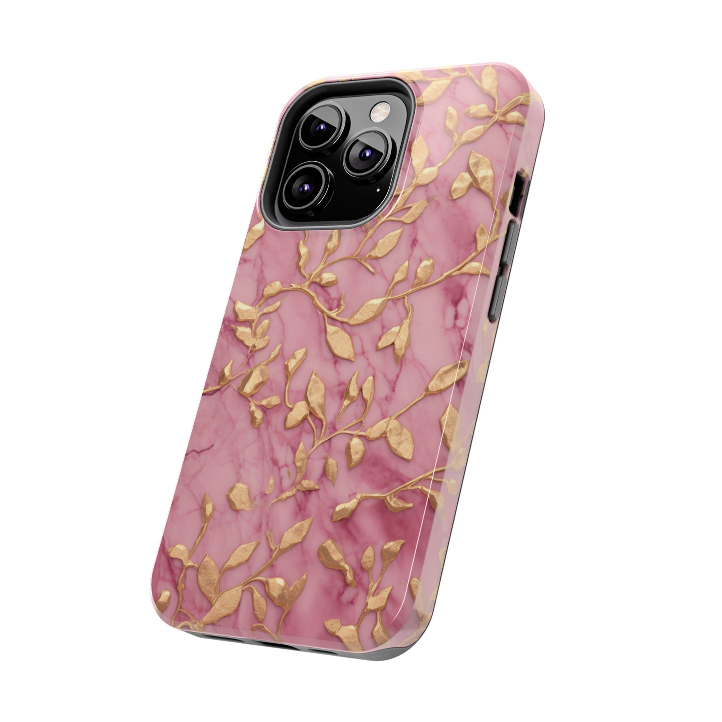 iPhone 14 Case Alluring Elegance: Pink & Gold Leaf Tough iPhone Case