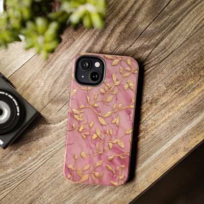 iPhone 14 Case Alluring Elegance: Pink & Gold Leaf Tough iPhone Case