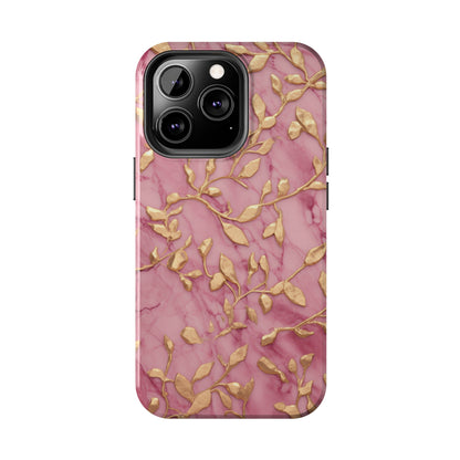 iPhone 14 Case Alluring Elegance: Pink & Gold Leaf Tough iPhone Case