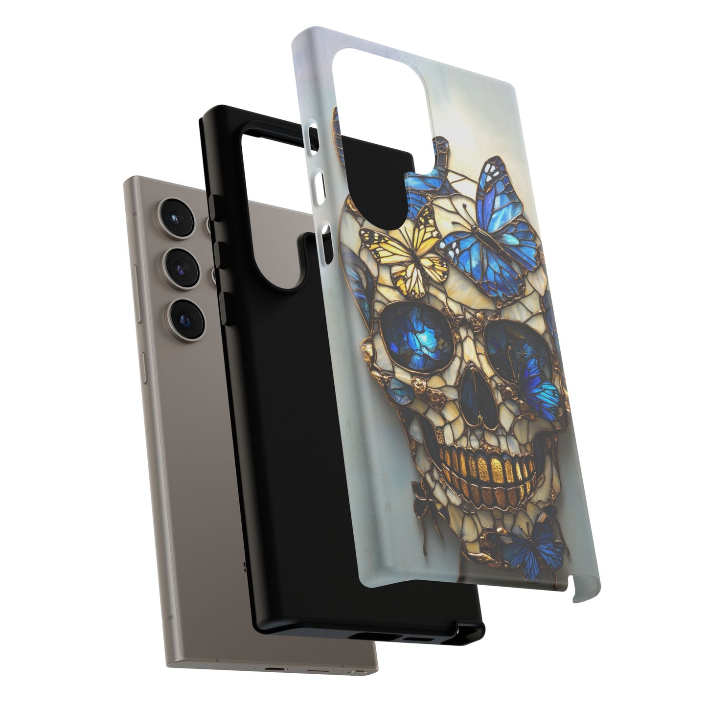 Gold and Blue Stained Glass Skull and Butterflies Phone Cover