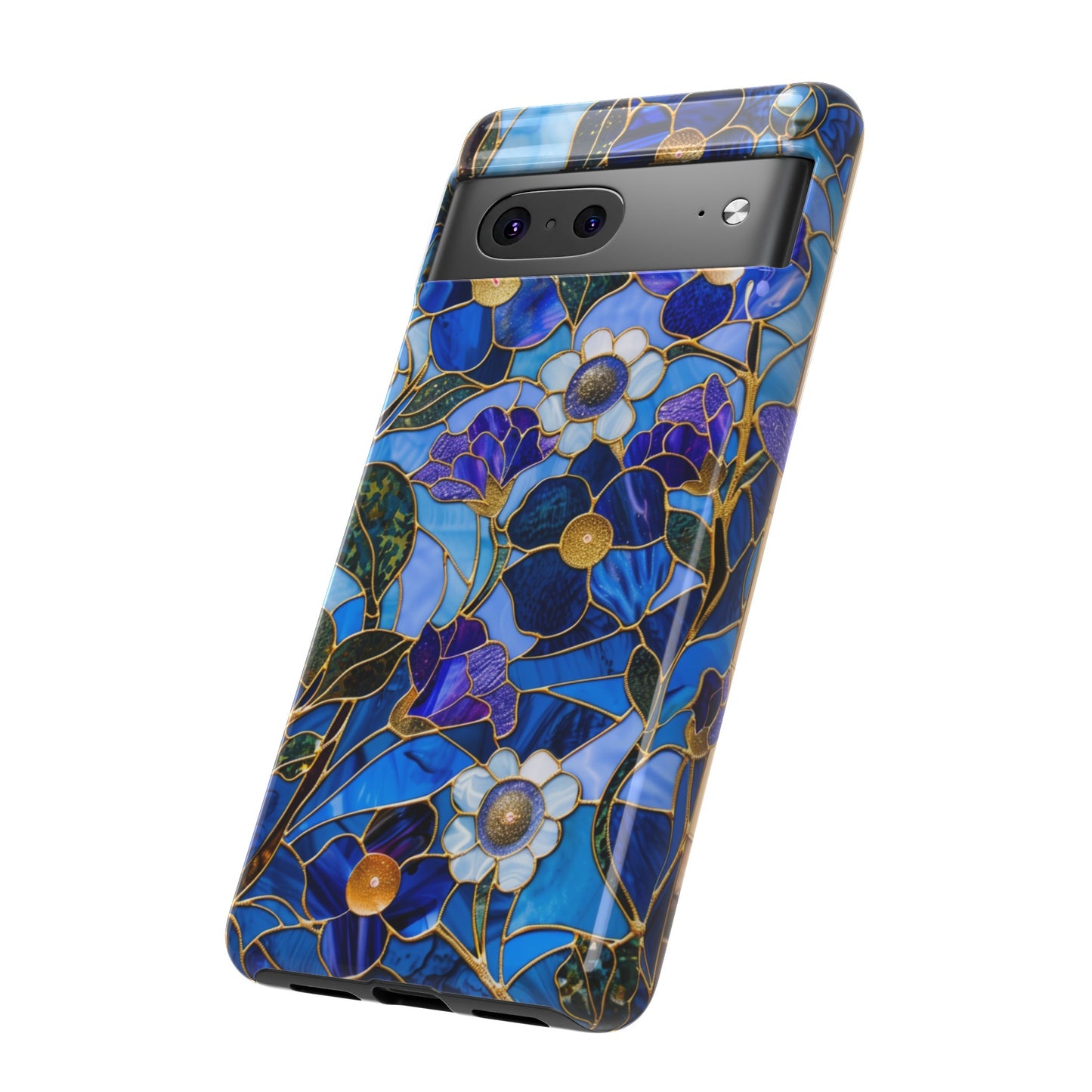 Blue Floral Stained Glass Gold Inlay Wild Flowers Phone Case