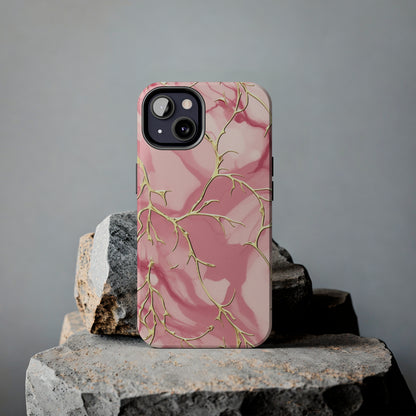 iPhone Elegance Unveiled: Pink & Gold Leaf Marble | Premium Tough iPhone Case