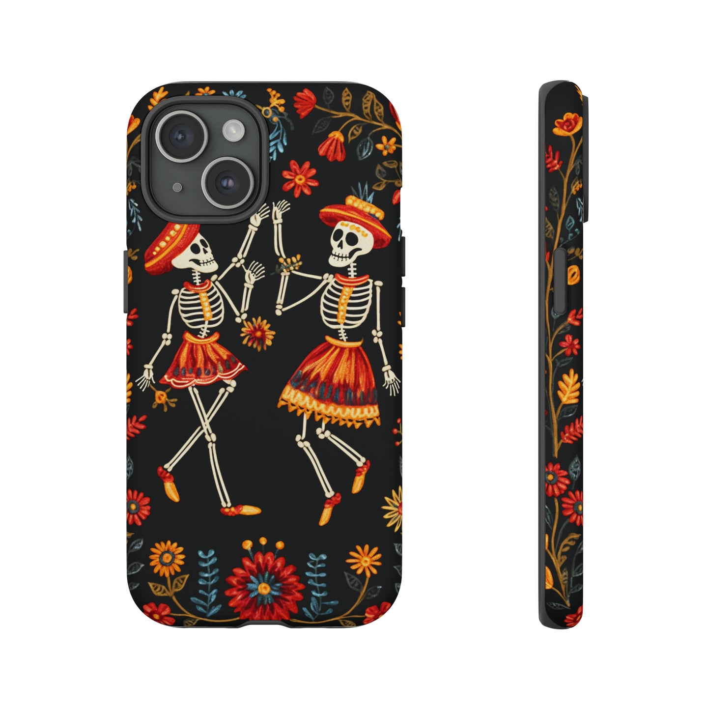 Dead Can Dance, iPhone 15 case, Floral Embroidery Skeletons | Whimsical Dance of the Departed for Google Pixel, iPhone & Samsung Galaxy