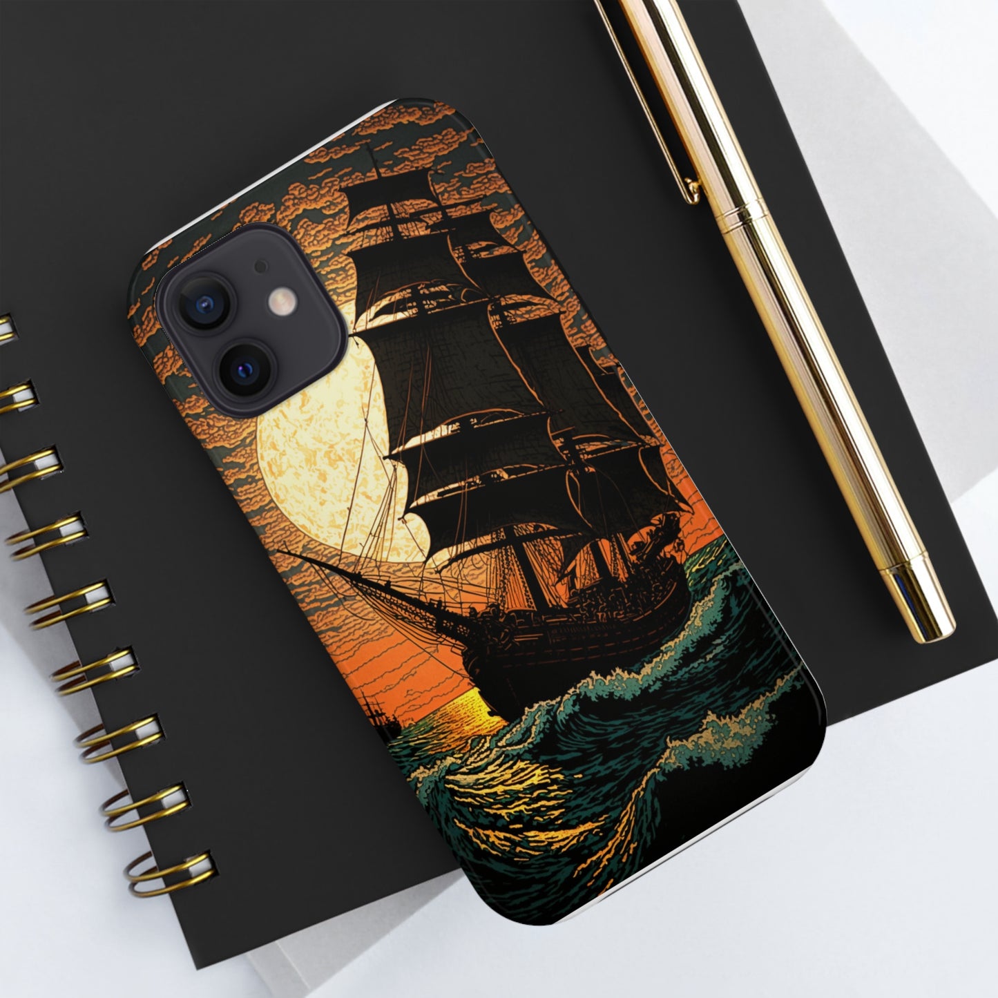 Nautical Twilight: Pirate Ship at Sunset Tough iPhone Case | Sail into the Golden Horizon