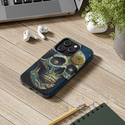 Durable iPhone 11 and 14 case featuring Van Gogh swirls and sugar skull