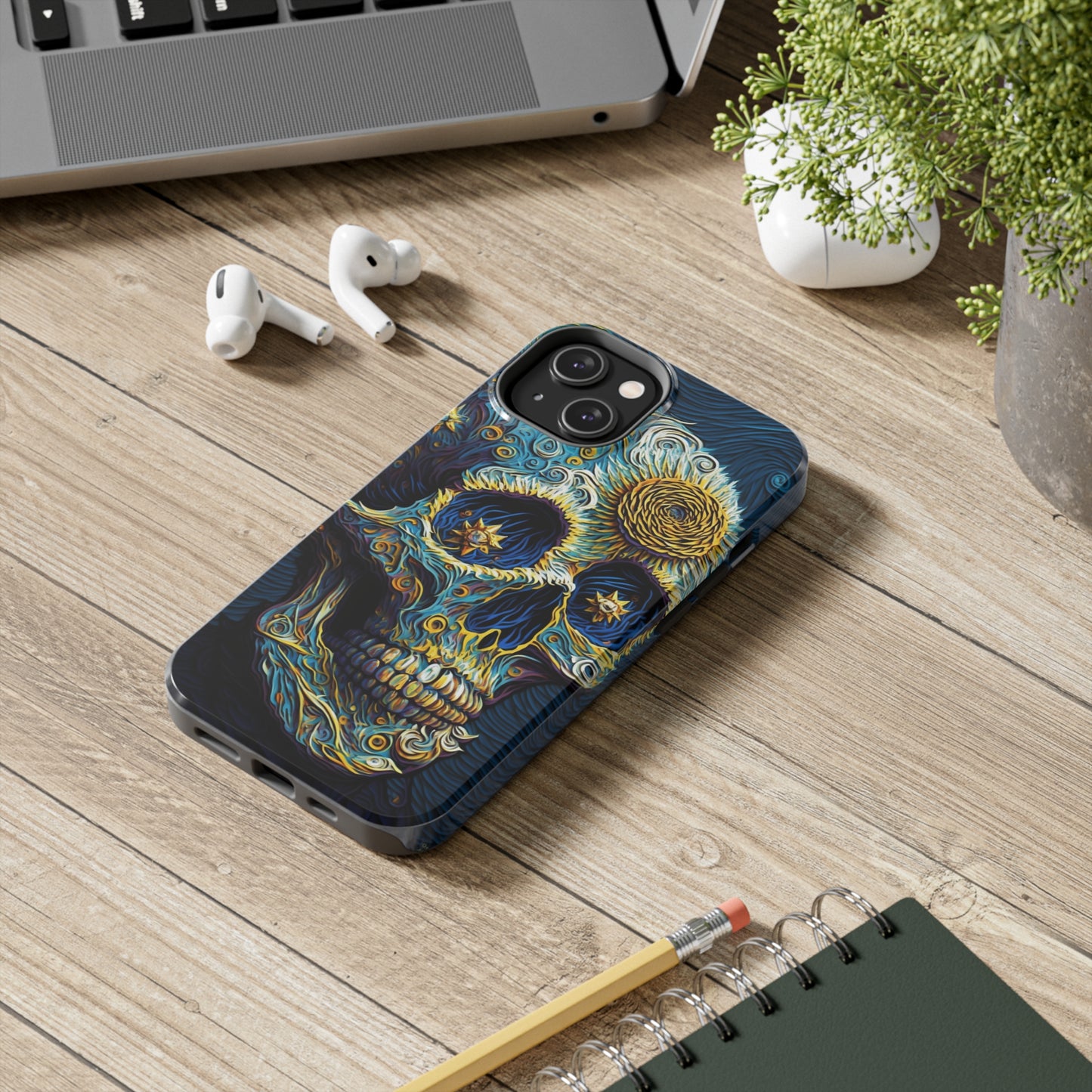 Artistic Fusion: Van Gogh-Inspired Sugar Skull Phone Case - Timeless Elegance Meets Cultural Iconography