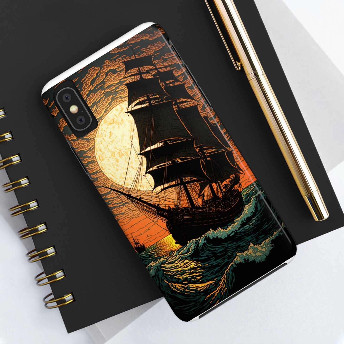 Nautical Twilight: Pirate Ship at Sunset Tough iPhone Case | Sail into the Golden Horizon