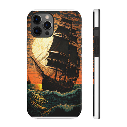 Nautical Twilight: Pirate Ship at Sunset Tough iPhone Case | Sail into the Golden Horizon