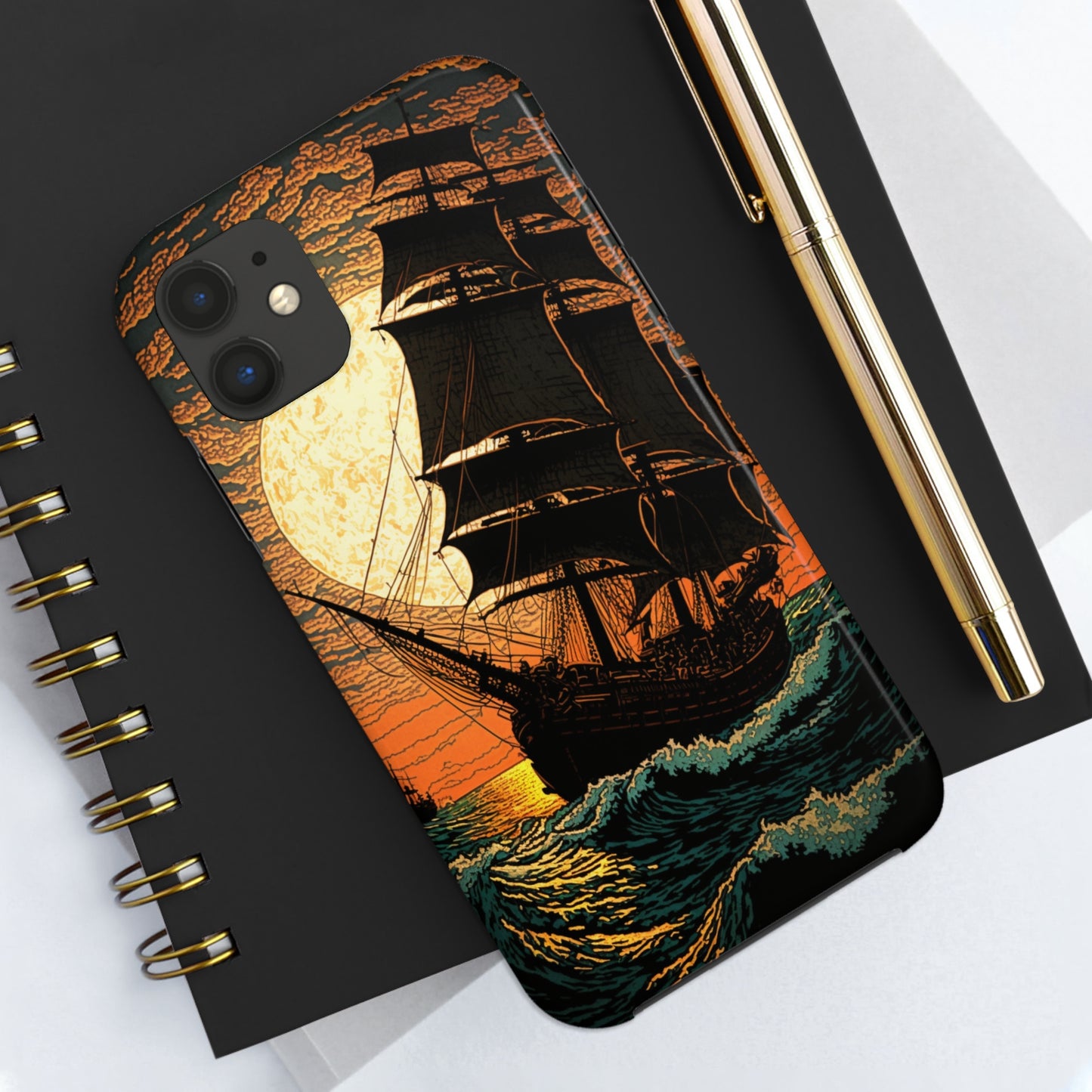 Nautical Twilight: Pirate Ship at Sunset Tough iPhone Case | Sail into the Golden Horizon