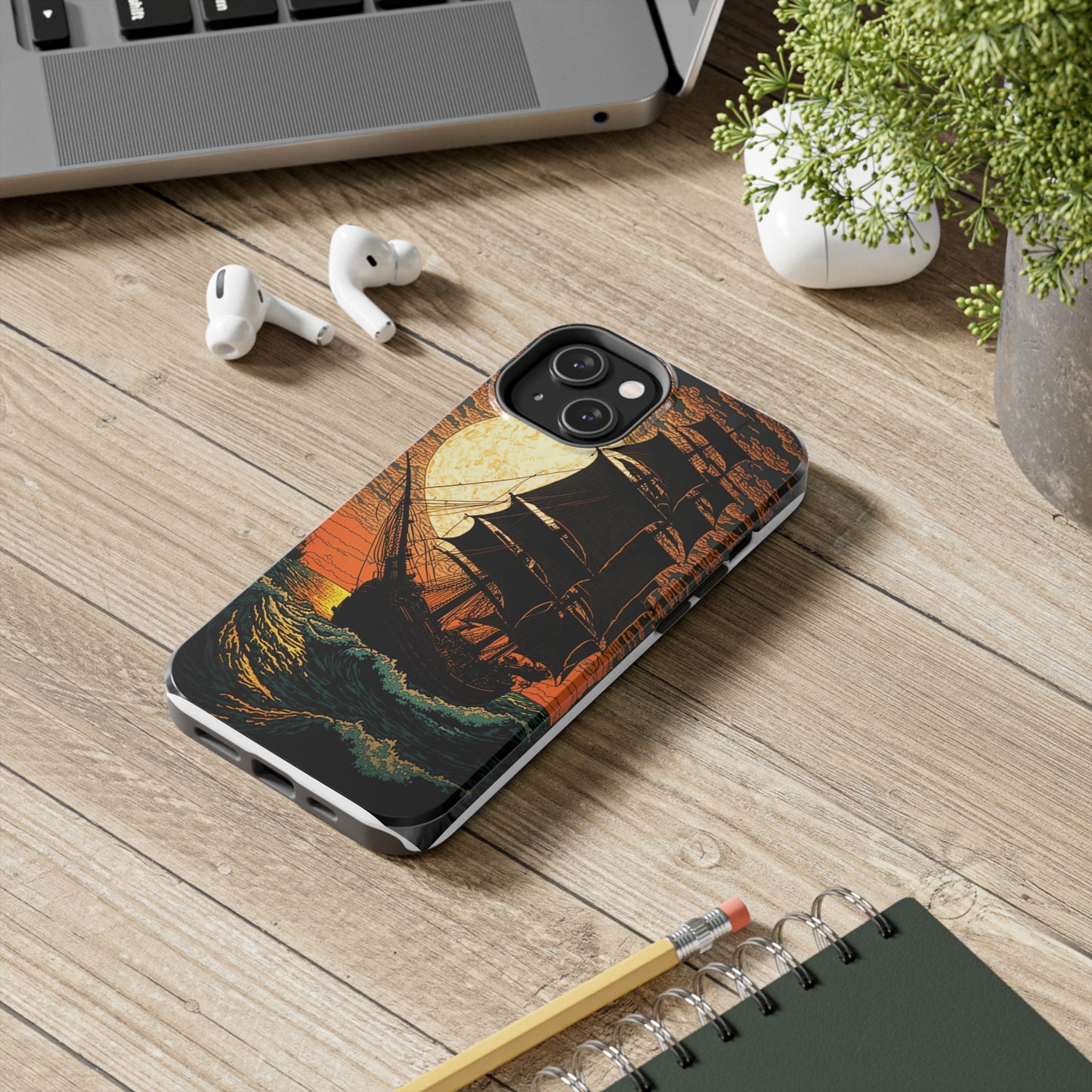 Nautical Twilight: Pirate Ship at Sunset Tough iPhone Case | Sail into the Golden Horizon