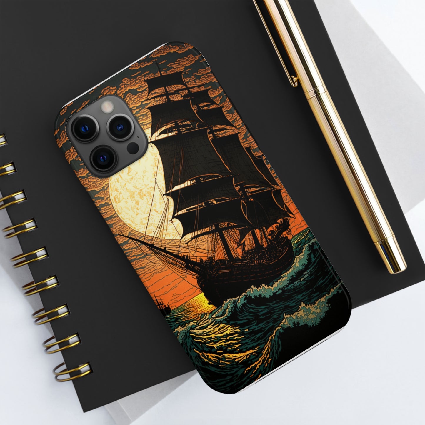 Nautical Twilight: Pirate Ship at Sunset Tough iPhone Case | Sail into the Golden Horizon