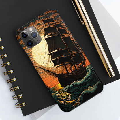 Nautical Twilight: Pirate Ship at Sunset Tough iPhone Case | Sail into the Golden Horizon