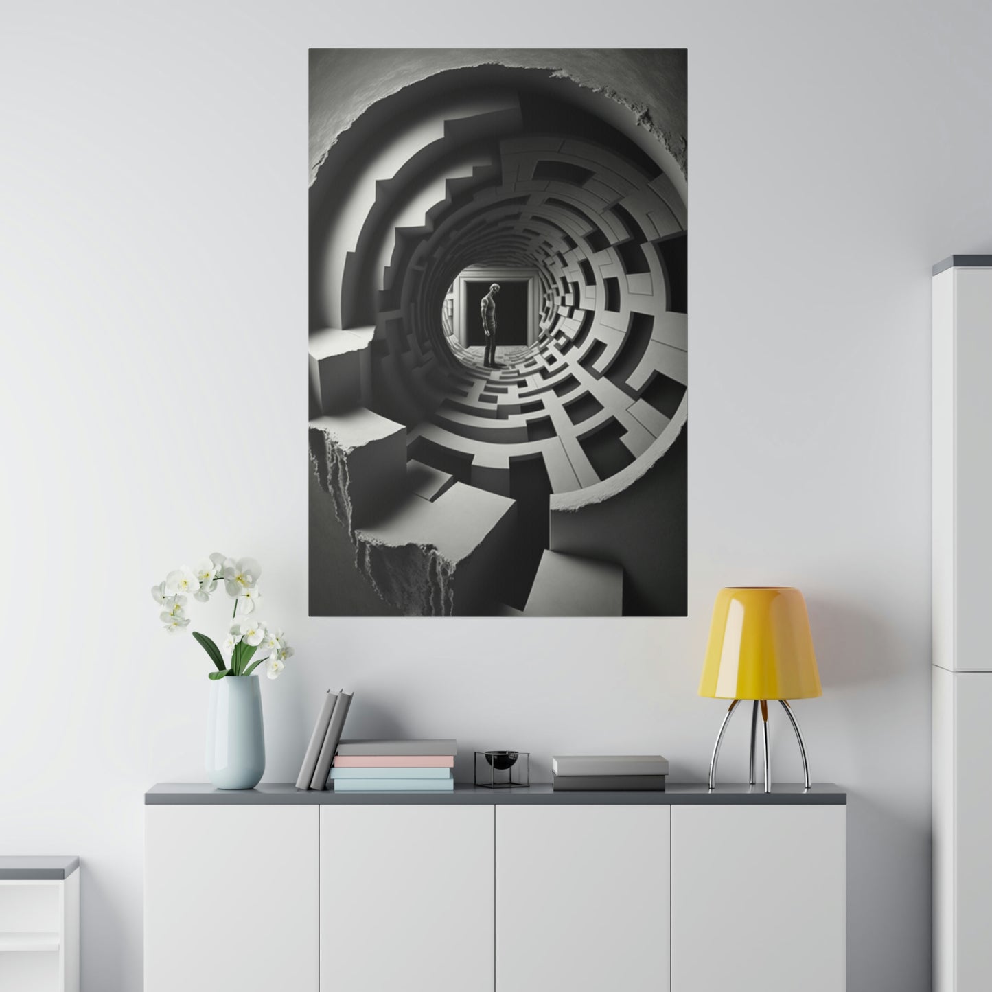 Unleash the Hidden Depths: Spiral Through the Basement - Psychedelic AI Art Canvas